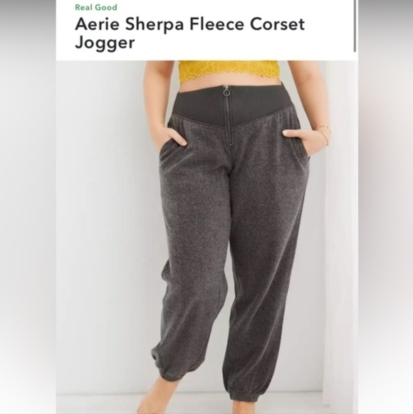 aerie Pants - Aerie Sherpa Fleece Corset jogger Large Gray Green